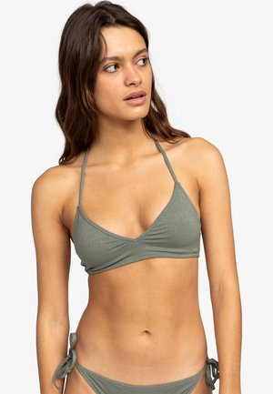 Light green bikini top with a triangular design, adjustable straps, and gathered fabric details. Made from a smooth, stretchy material.