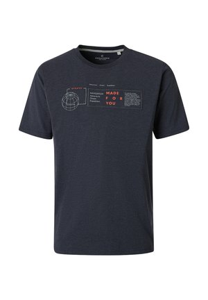 Marineblå T-shirt med rund halsudskæring, med en globusgrafik og tekst med "NAVIGATION MADE FOR YOU" på brystet.