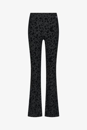Black flared pants featuring a subtle leopard print pattern. Made from a smooth fabric with a stretchy waistband for comfort.