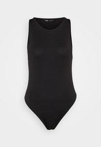 Svart ermeløs bodysuit laget av et glatt, elastisk stoff med en tettsittende design, med høy skjæring på bena og et minimalistisk preg.