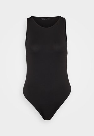 Body senza maniche nero realizzato in un tessuto liscio e elastico con un design aderente, caratterizzato da una gamba alta e uno stile minimalista.