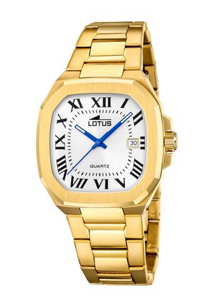 Reloj de pulsera Gold Lotus con esfera blanca, manecillas azules, números romanos negros y ventana de fecha a las 3 en punto, pulsera de eslabones metálicos.