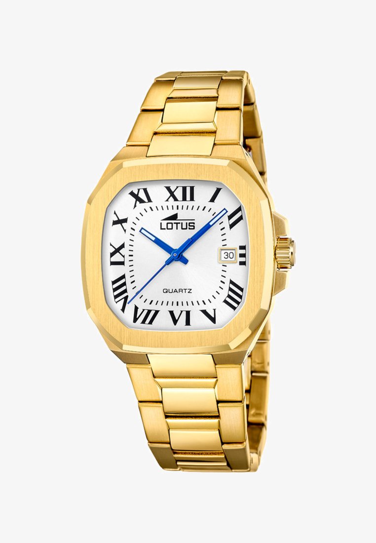 Orologio da polso Gold Lotus con quadrante bianco, lancette blu, numeri romani neri e finestra della data alle 3, cinturino a maglie in metallo.