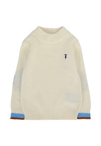 Maglione in cotone crema con collo alto, polsini e orlo a coste. Presenta accenti blu e marroni sui polsini delle maniche. Dettaglio del logo piccolo sul petto.