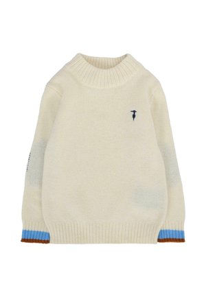 Pull en coton crème avec col haut, poignets et ourlet côtelés. Présente des accents bleu et marron sur les poignets des manches. Petit logo sur la poitrine.
