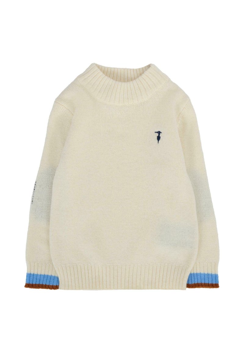 Maglione in cotone crema con collo alto, polsini e orlo a coste. Presenta accenti blu e marroni sui polsini delle maniche. Dettaglio del logo piccolo sul petto.