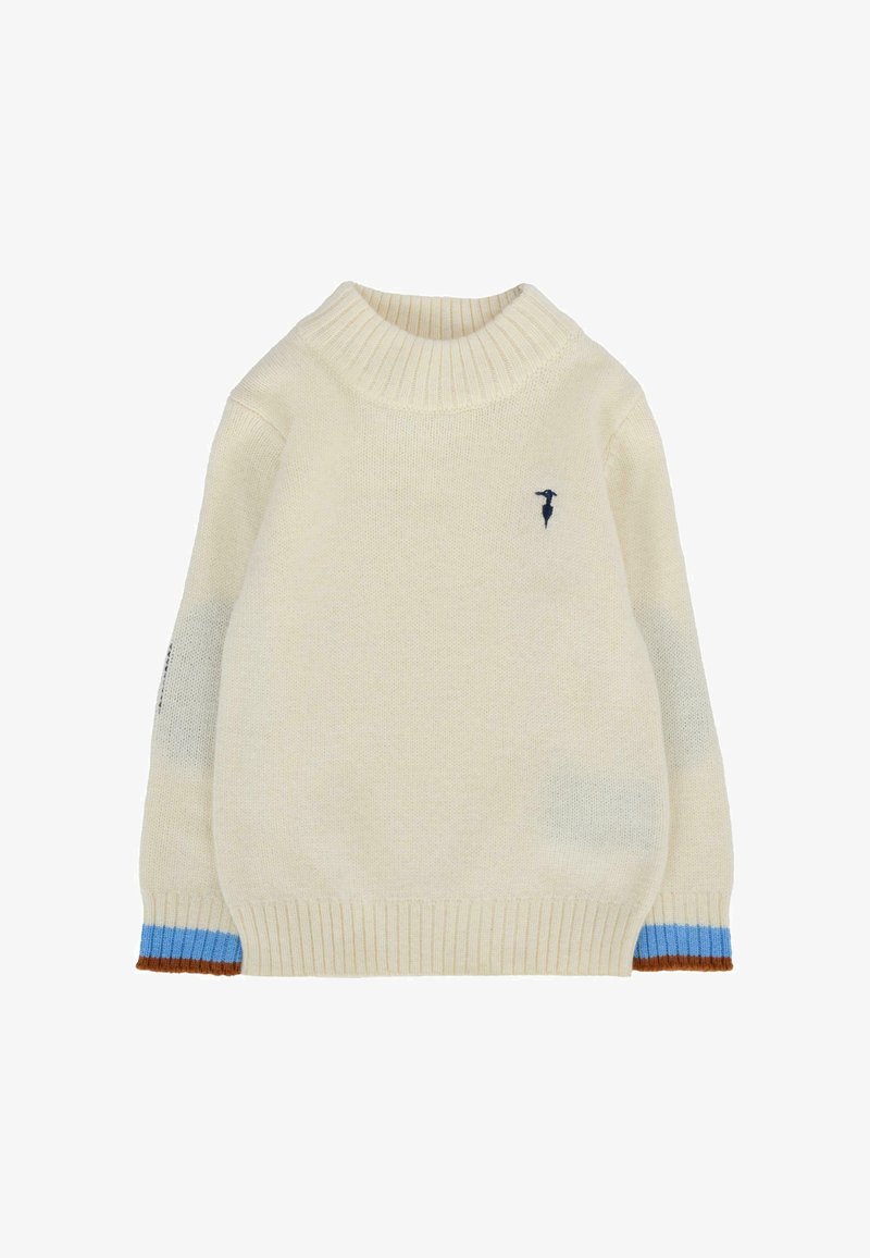 Kremowy sweter bawełniany z wysokim kołnierzem, żebrowanymi mankietami i dołem. Posiada niebieskie i brązowe akcenty na mankietach rękawów. Mały detal z logo na klatce piersiowej.