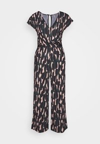 Combinaison noire et rose à motifs, avec manches courtes, col en V, taille cintrée par un drapé et coupe jambes larges. Détail en forme de petite ouverture au dos. Tissu lisse.