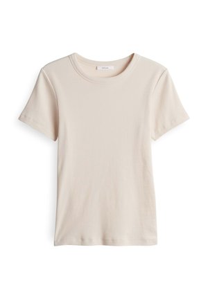 T-shirt beige à manches courtes en tissu côtelé, avec un col rond et une coupe décontractée. Aucun motif visible ni détail matériel.