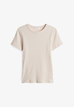 Beige T-shirt met korte mouwen van ribstof, met een ronde halslijn en een relaxte pasvorm. Geen zichtbare patronen of hardwaredetails.