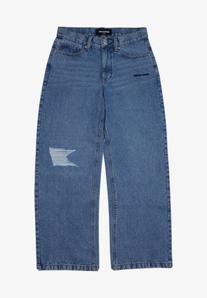 Svetlomodré voľné džínsy vyrobené z denimu, s odlomeným detailom na ľavom stehne, piatimi vreckami a zapínaním na gombík a zips.