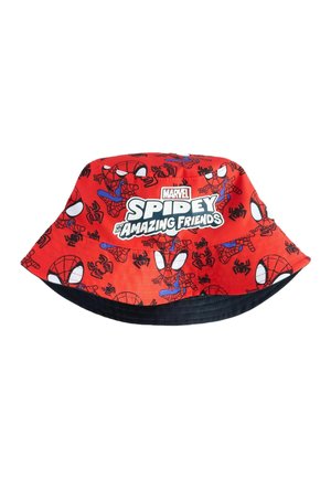 Pălărie roșie cu bor, prezentând un print cu Spider-Man și motive cu păianjeni, având o interior neagră și grafica albă.