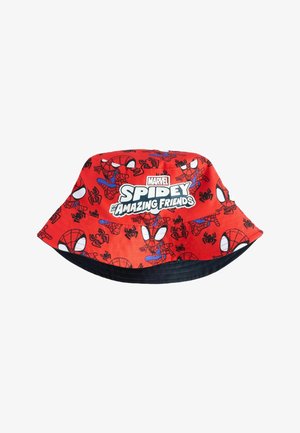 Sarkani spaiļu cepure ar Zirnekļcilvēka un zirnekļa apdruku, melna iekšējā oderējuma un izteiksmīgu logo, uz kura rakstīts "SPIDEY un viņa BRĪNIŠĢIE DRAUGI."