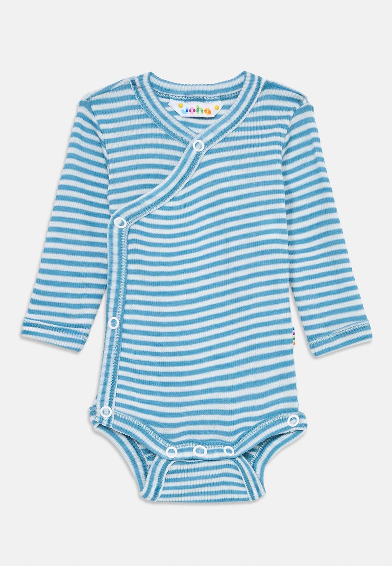 Blå og hvit stripete langermet heldress med trykknapper langs siden og bunnen, med rund hals og mykt materiale.