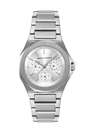 Orologio da polso Armani Exchange argentato con cinturino in metallo, tre quadranti secondari per giorno, data e orario 24 ore su quadrante argentato spazzolato.