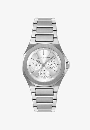Orologio da polso Armani Exchange argentato con cinturino in metallo, tre quadranti secondari per giorno, data e orario 24 ore su quadrante argentato spazzolato.