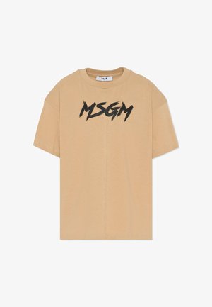 Beżowa bawełniana koszulka z krótkim rękawem z czarnym napisem "MSGM" w odważnym stylu pędzla. Luźny krój.