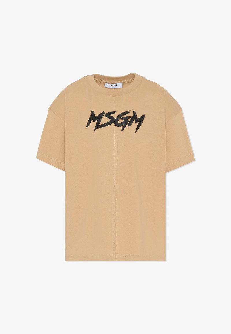 Beżowa bawełniana koszulka z krótkim rękawem z czarnym napisem "MSGM" w odważnym stylu pędzla. Luźny krój.
