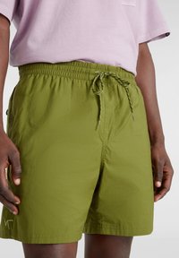 Pantalones cortos verdes de cintura elástica hechos de tela ligera, con cordón ajustable, bolsillos laterales y textura lisa. Llevados con una camisa rosa clara.