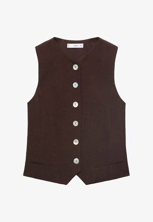 Smeša smešnog bezrukavnog prsluka s V-izrezom, koji ima šest velikih dugmadi svijetle boje, dva bočna džepa i blago suženi oblik.