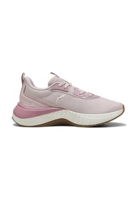 Scarpa sportiva di un rosa chiaro realizzata in rete testurizzata e materiale sintetico. Presenta un ammortizzatore bianco e una suola in gomma, con un accento del logo.