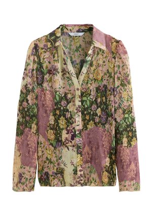 Blusa con motivo floreale in tessuto leggero, con pieghe verticali, colletto, maniche lunghe e chiusura frontale a bottoni in colori pastello.