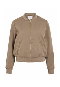 Veste bomber beige avec fermeture éclair dorée à l'avant, deux poches zippées, col, poignets et ourlet côtelés, fabriquée en tissu lisse.
