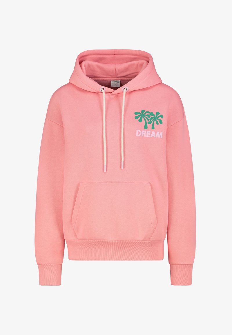 Rosa Hoodie mit Fronttasche, weißen Kordeln und grünem Palmen-Design über dem Wort "DREAM" auf der linken Brust.