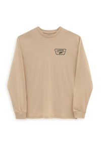 Beige Langarmshirt mit Rundhalsausschnitt und Vans-Logo sowie Skateboard-Grafik auf der linken Brust.