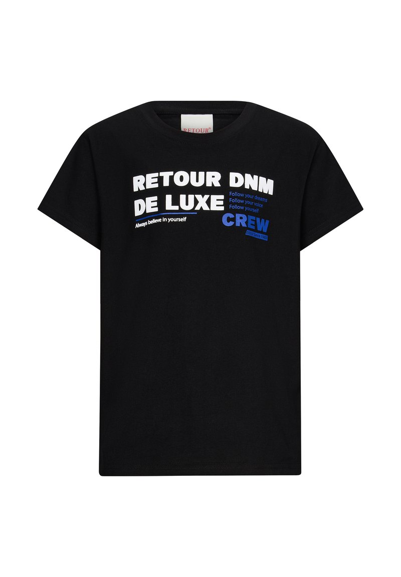 Schwarzes Baumwoll-T-Shirt mit auffälligem weißen und blauen Text. Der Text enthält "RETROUR DNM DE LUXE" und "CREW." Kurze Ärmel und runder Ausschnitt.