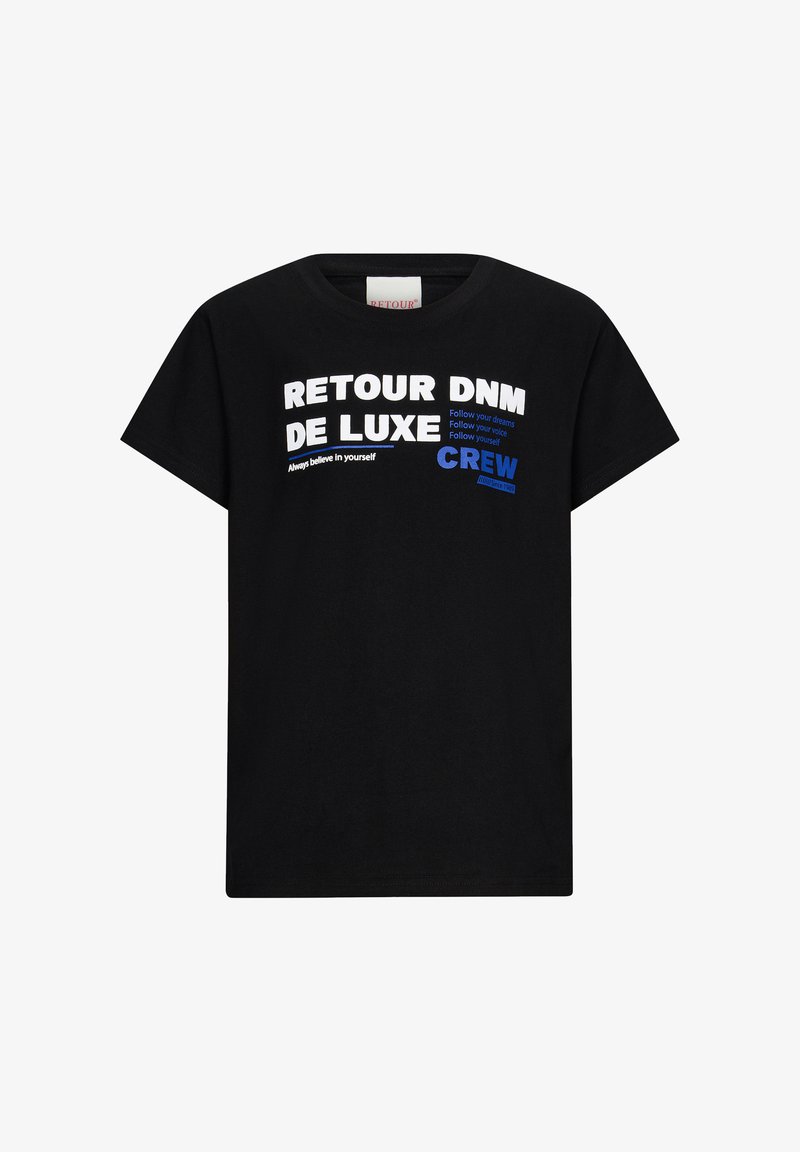 Schwarzes Baumwoll-T-Shirt mit auffälligem weißen und blauen Text. Der Text enthält "RETROUR DNM DE LUXE" und "CREW." Kurze Ärmel und runder Ausschnitt.