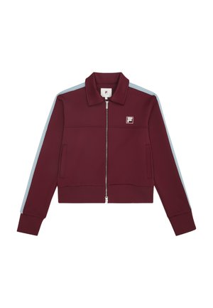 Giacca a track maroon con strisce laterali blu chiaro, chiusura a zip, colletto alto e patch con logo ricamato. Presenta polsini e orlo a costine.