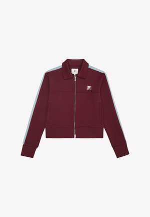 Giacca a track maroon con strisce laterali blu chiaro, chiusura a zip, colletto alto e patch con logo ricamato. Presenta polsini e orlo a costine.