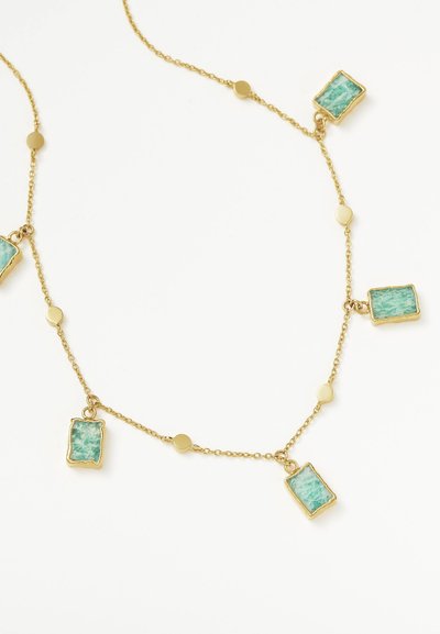 Colier din lanț de aur cu pandante dreptunghiulare din turcoaz cu detalii texturate, intercalate cu accente circulare din aur.