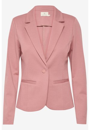 Pink blazer med skrå lapel, enkelt knaplukning, to forlommer og lange ærmer. Fremstillet af et struktureret stof.