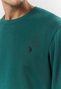 Zaļš kokvilnas džemperis ar klasisku apakšmalu, ar mazu melnu izšūtu logo kreisajā krūtī. Gluda tekstūra un regulāra piegriezuma.