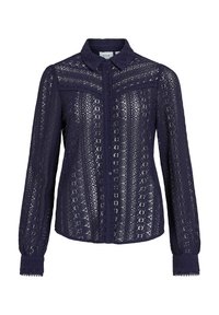 Marineblå bluse i blonde med knaplukning foran, krave, lange ærmer med knapmanchetter og indviklede blomster mønstre over hele.