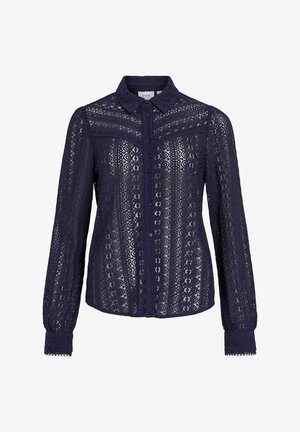 Hemd aus marineblauer Spitze mit durchgehender Knopfleiste, Kragen, langen Ärmeln mit knöpfbaren Manschetten und filigranen floralen Mustern.