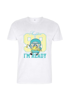 Hvid t-shirt med tegneseriefigur i turkis fodboldudstyr, der løber, stort gult stribet nummer 99 og teksten "Touchdown I'm Ready" nedenunder.
