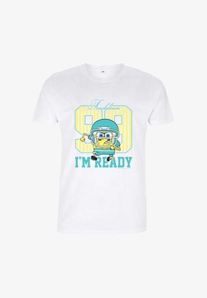 Hvid t-shirt med tegneseriefigur i turkis fodboldudstyr, der løber, stort gult stribet nummer 99 og teksten "Touchdown I'm Ready" nedenunder.