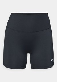 Pantaloni scurți sport negri Nike, confecționați dintr-un material neted, având o talie înaltă și un accent cu logo în partea de jos stânga.