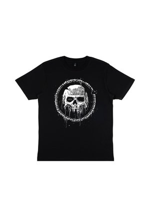 Zwarte katoenen t-shirt met een grote witte schedelafbeelding met druipende verf, omringd door een ring van gestileerde botten.