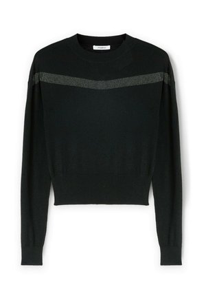 Zwarte cropped sweater met lange mouwen. Heeft een gestructureerde zilveren streep over de borst en een geribbelde zoom. Gemaakt van zacht breimateriaal.