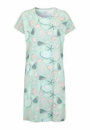 Mintgrøn kortærmet kjole med rund halsudskæring, dekoreret med beige og grå søskaller, søstjerner og koralmønstre.