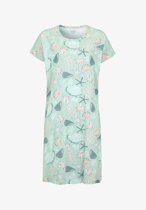 Mintunvihreä lyhythihainen mekko pyöreällä pääntiellä, koristeltu beigen ja harmaan värisillä merisiilien, meritähtien ja korallikuvioiden kuvioilla.