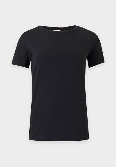 T-shirt noir uni à manches courtes et col rond, coupe régulière, présenté sur un fond gris clair.