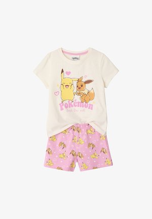 Cream short-sleeve top with Pikachu and Eevee graphic and pink hearts, paired with pink shorts featuring repeated Pikachu and Eevee patterns.