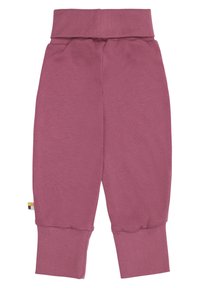 Lila Baumwollhosen mit einem breiten, elastischen Bund und schmalen Bündchen. Mit einem kleinen Emblem in gestreiften Farben an der Seite.