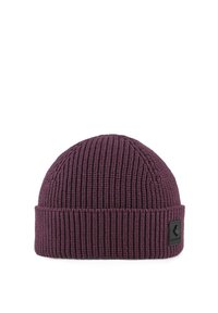 Berretto a maglia di un profondo viola con texture a coste e risvolto. Presenta un'etichetta del marchio nera sul lato.