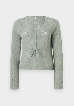 Lichtgrijze gebreide cardigan met lange mouwen, V-hals, knopen aan de voorkant en een gestrikt taallint, met een fijn opengewerkt patroon.